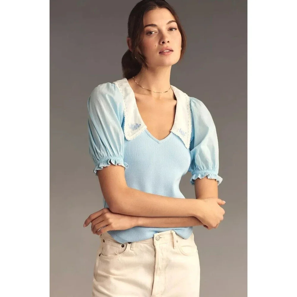 By Anthropologie Short-Sleeve Collared Top Floral Embroidered Ribbed XXS 273656